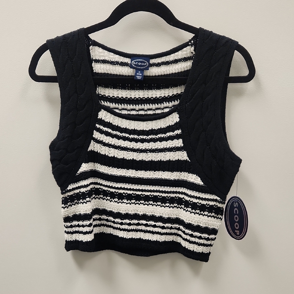 NWT - Scoop Black and White Striped Women's Crochet Crop Top Tank - Medium